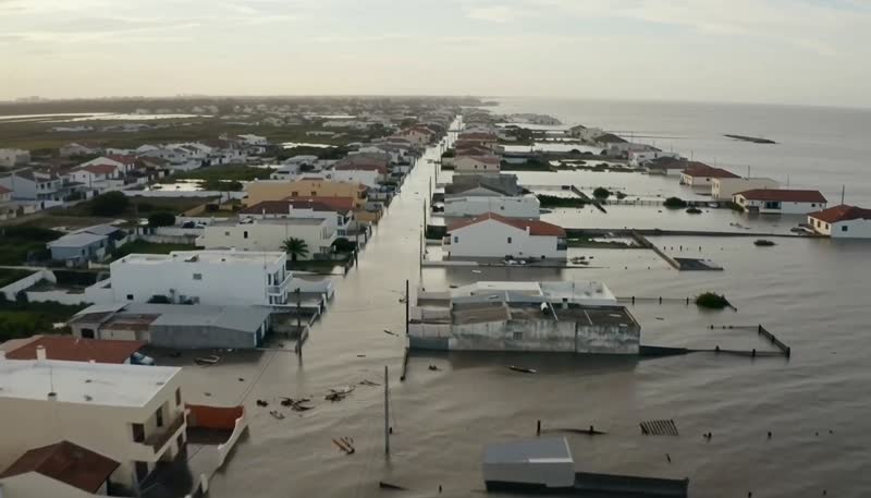 Aerial view of a flooded neighborhood, from the site's existing disaster assessment footage
