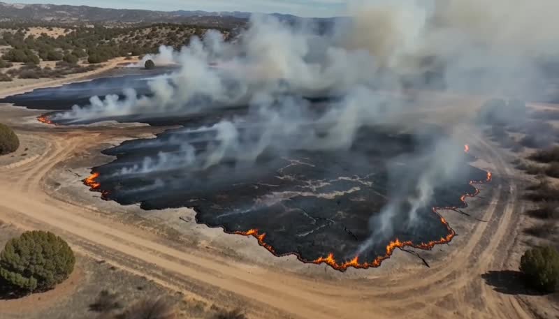Aerial view of a grass fire across open land, from the site's existing wildfire footage